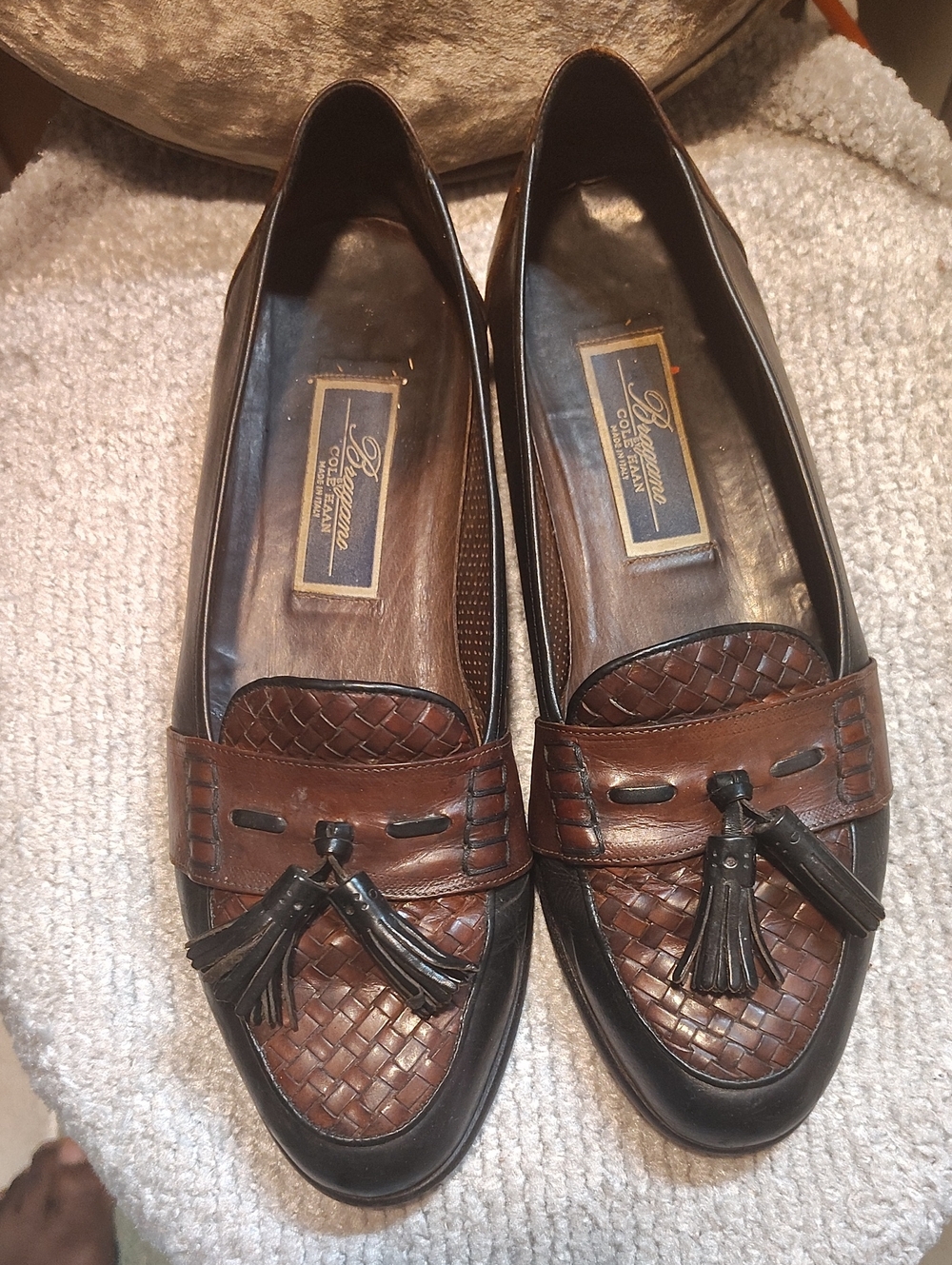 Cole Haan Brown Woven Leather Tassel Loafers with Black Trim